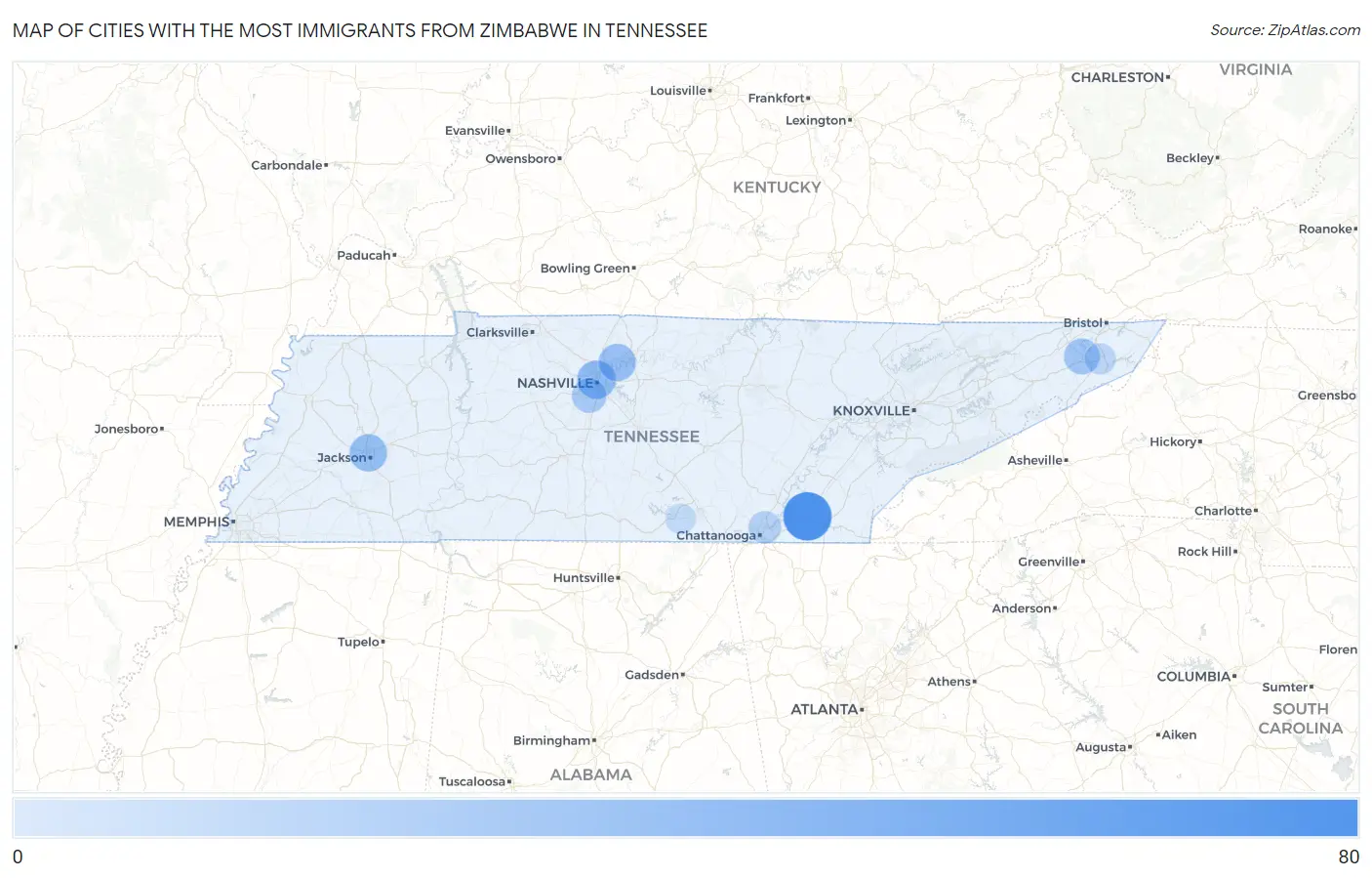 Cities with the Most Immigrants from Zimbabwe in Tennessee Map