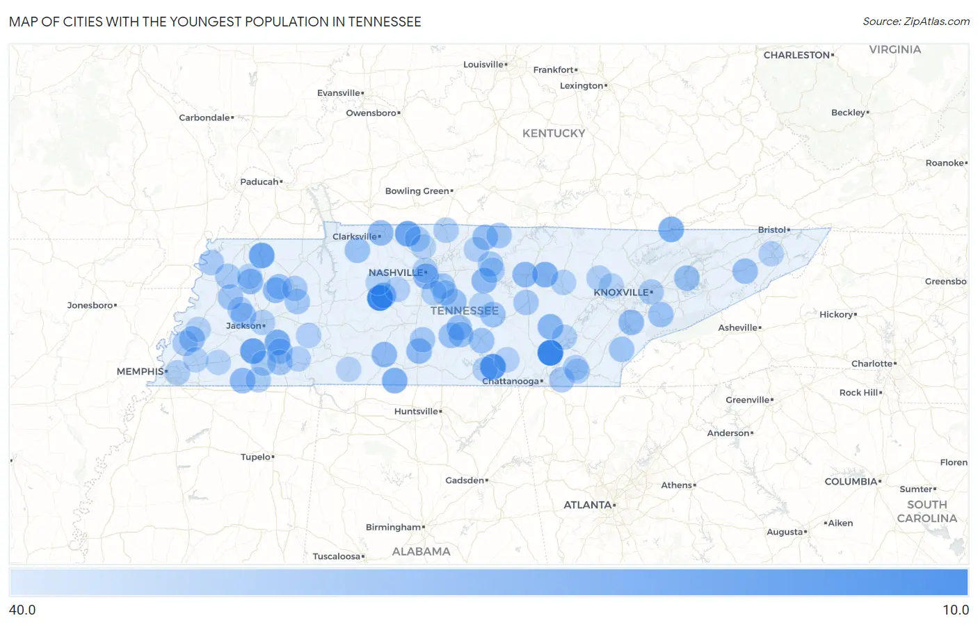 Cities with the Youngest Population in Tennessee Map