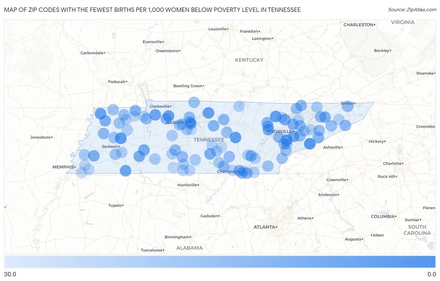 Zip Codes with the Fewest Births per 1,000 Women Below Poverty Level in Tennessee Map