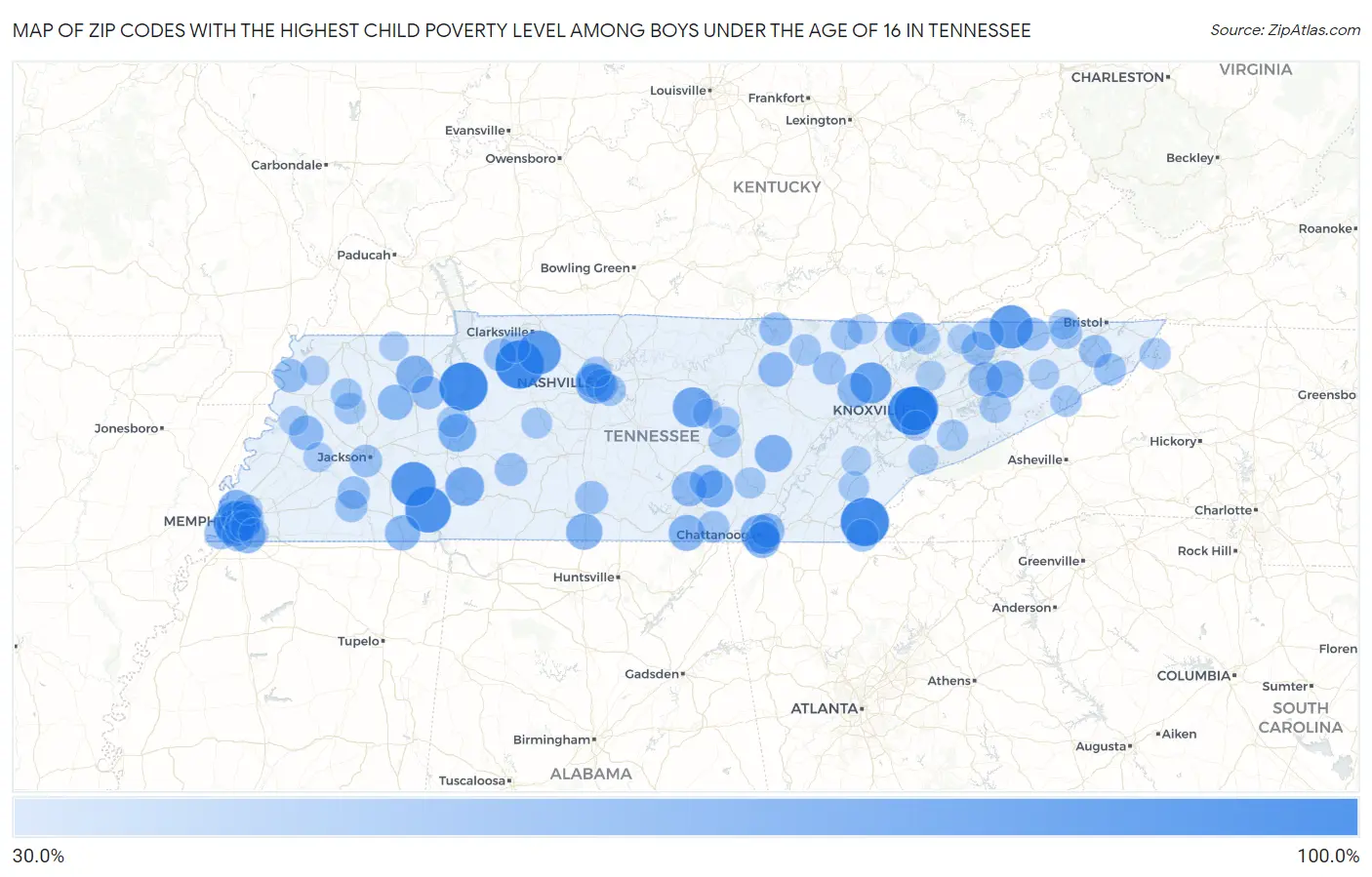 Zip Codes with the Highest Child Poverty Level Among Boys Under the Age of 16 in Tennessee Map