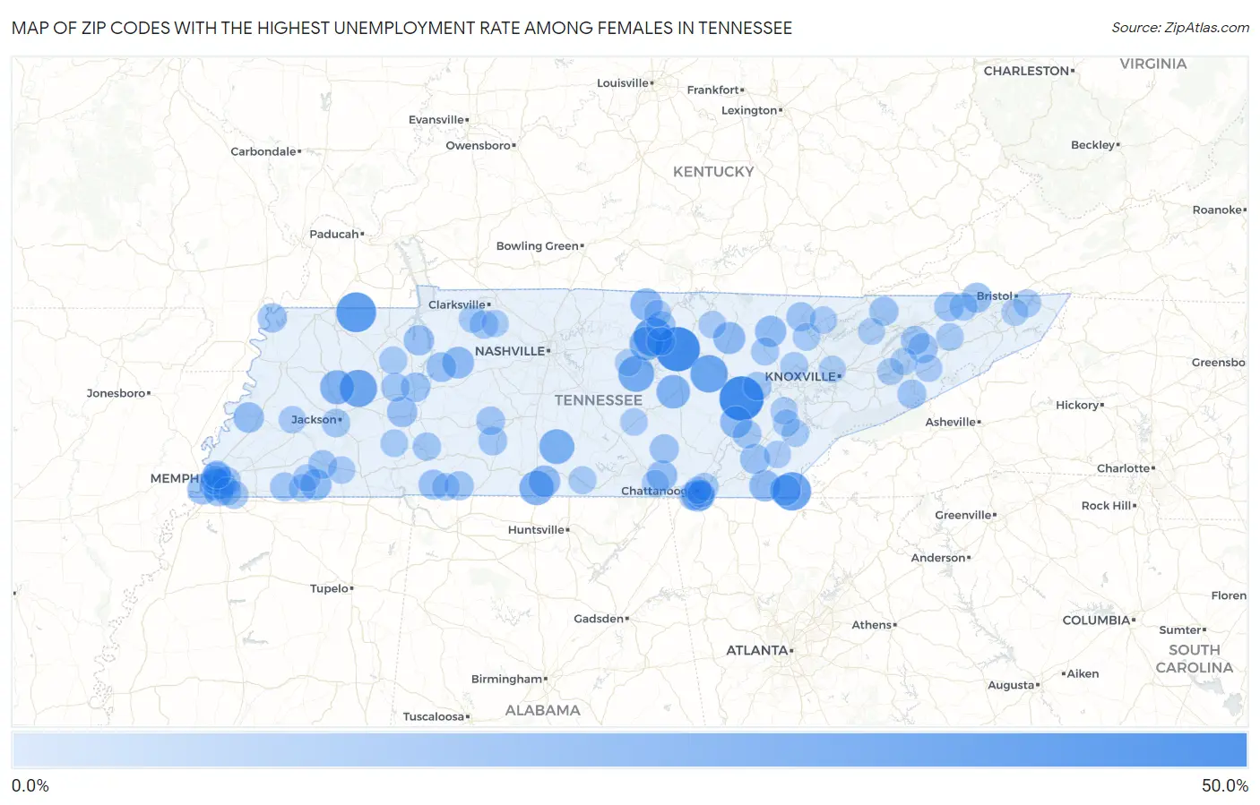 Zip Codes with the Highest Unemployment Rate Among Females in Tennessee Map