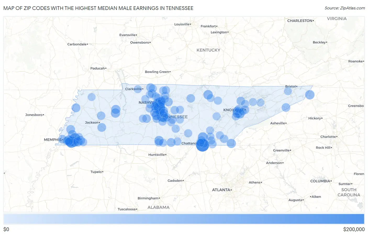 Zip Codes with the Highest Median Male Earnings in Tennessee Map