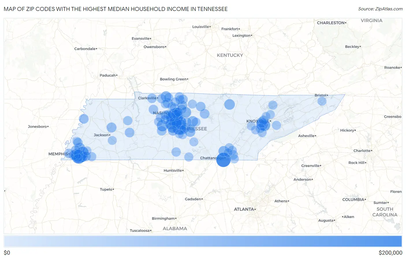 Zip Codes with the Highest Median Household Income in Tennessee Map
