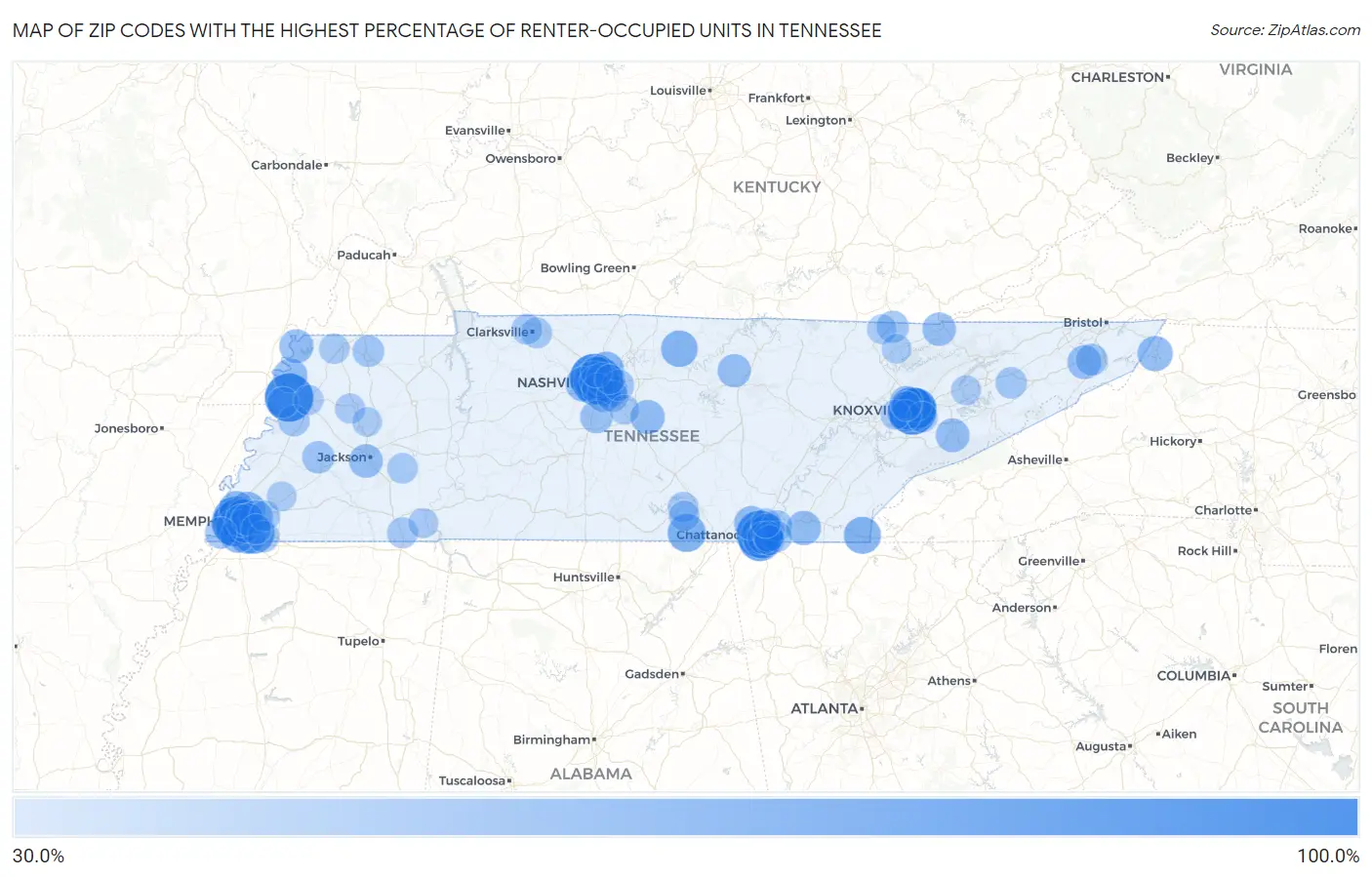 Zip Codes with the Highest Percentage of Renter-Occupied Units in Tennessee Map