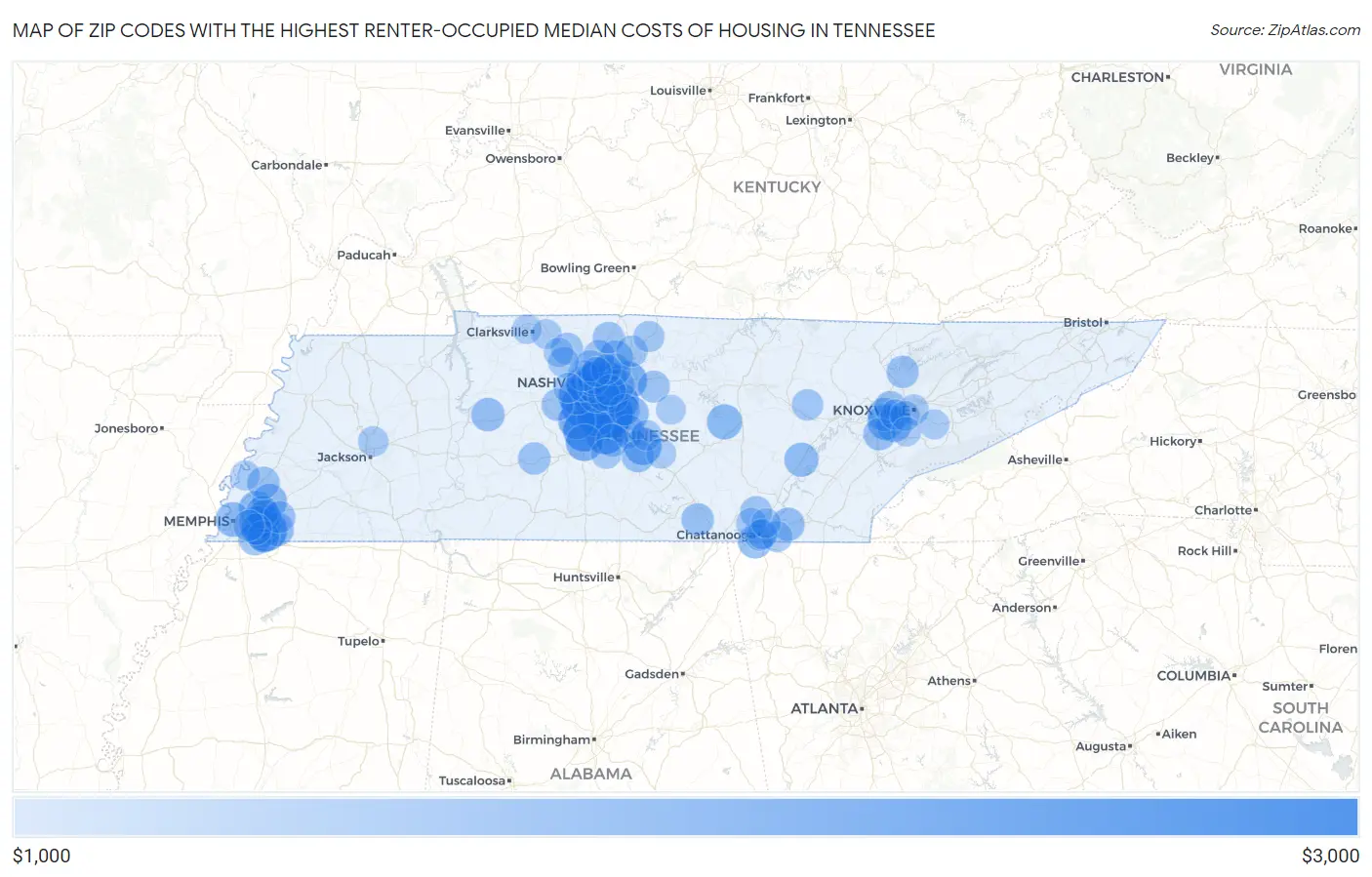 Zip Codes with the Highest Renter-Occupied Median Costs of Housing in Tennessee Map