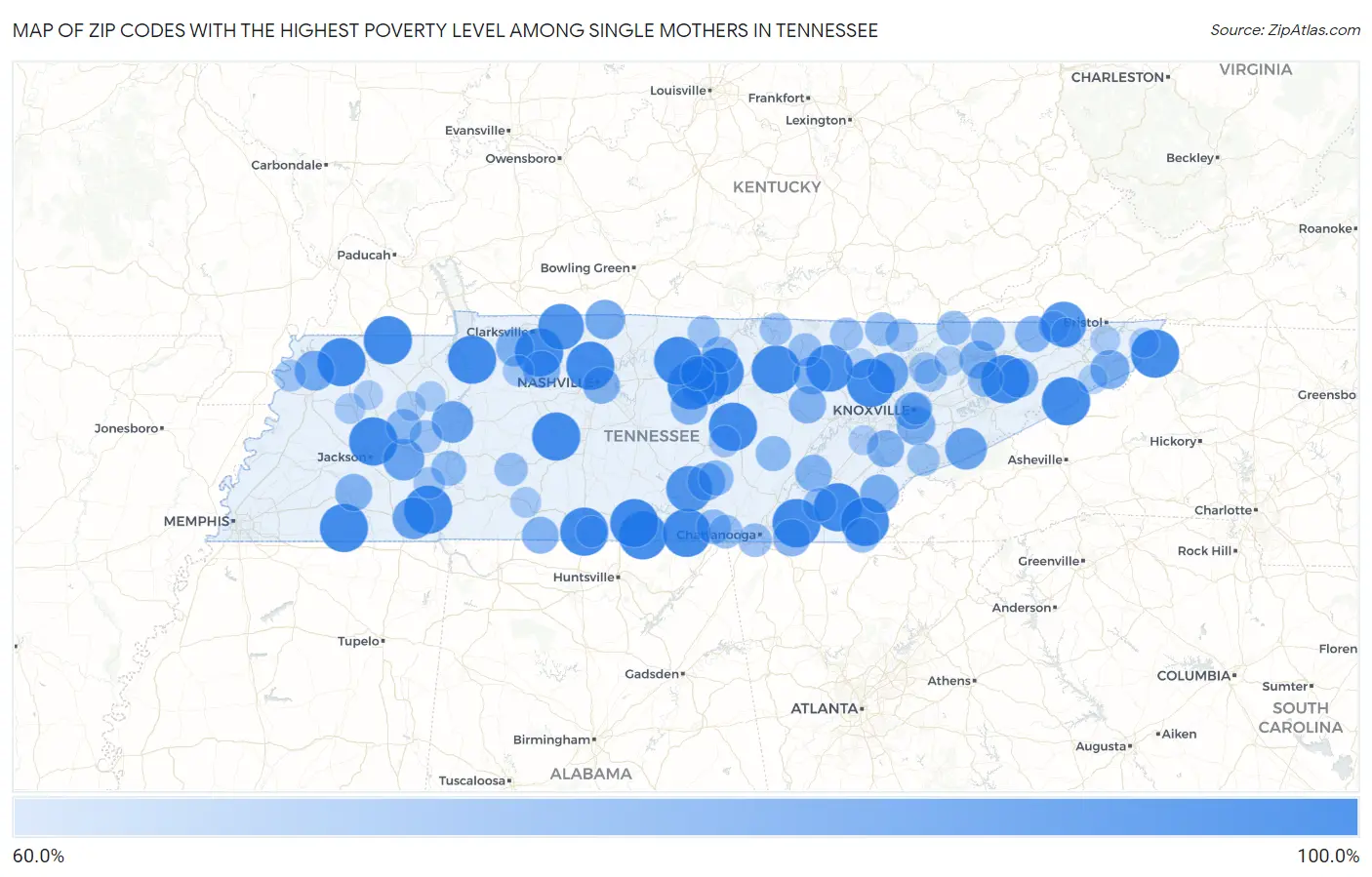 Zip Codes with the Highest Poverty Level Among Single Mothers in Tennessee Map