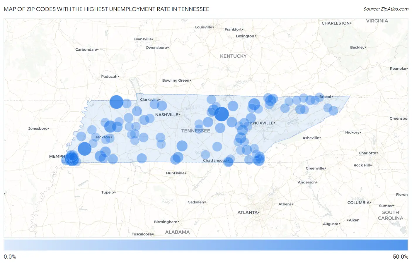 Zip Codes with the Highest Unemployment Rate in Tennessee Map