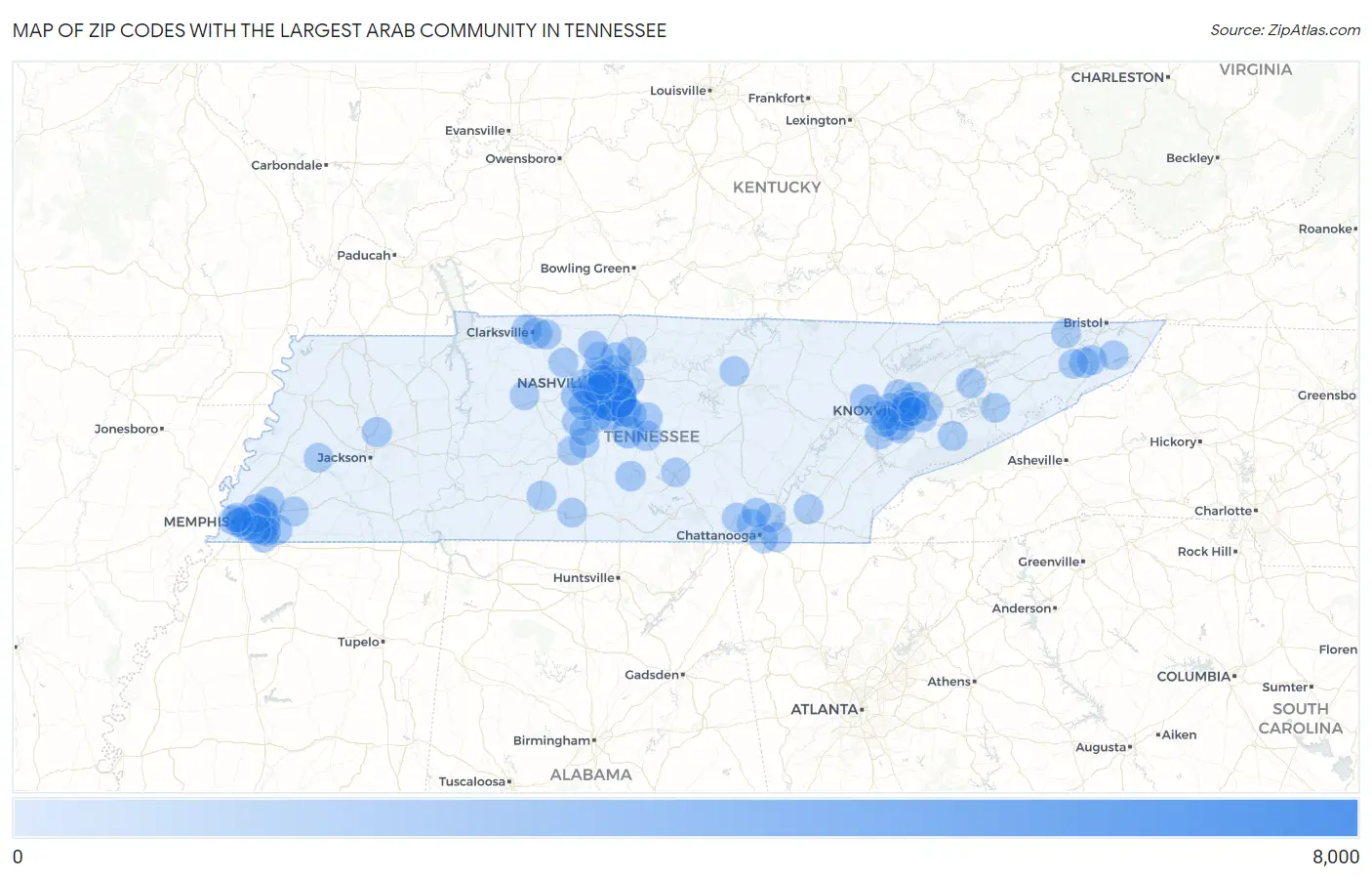 Zip Codes with the Largest Arab Community in Tennessee Map