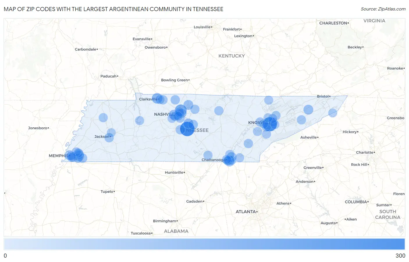 Zip Codes with the Largest Argentinean Community in Tennessee Map