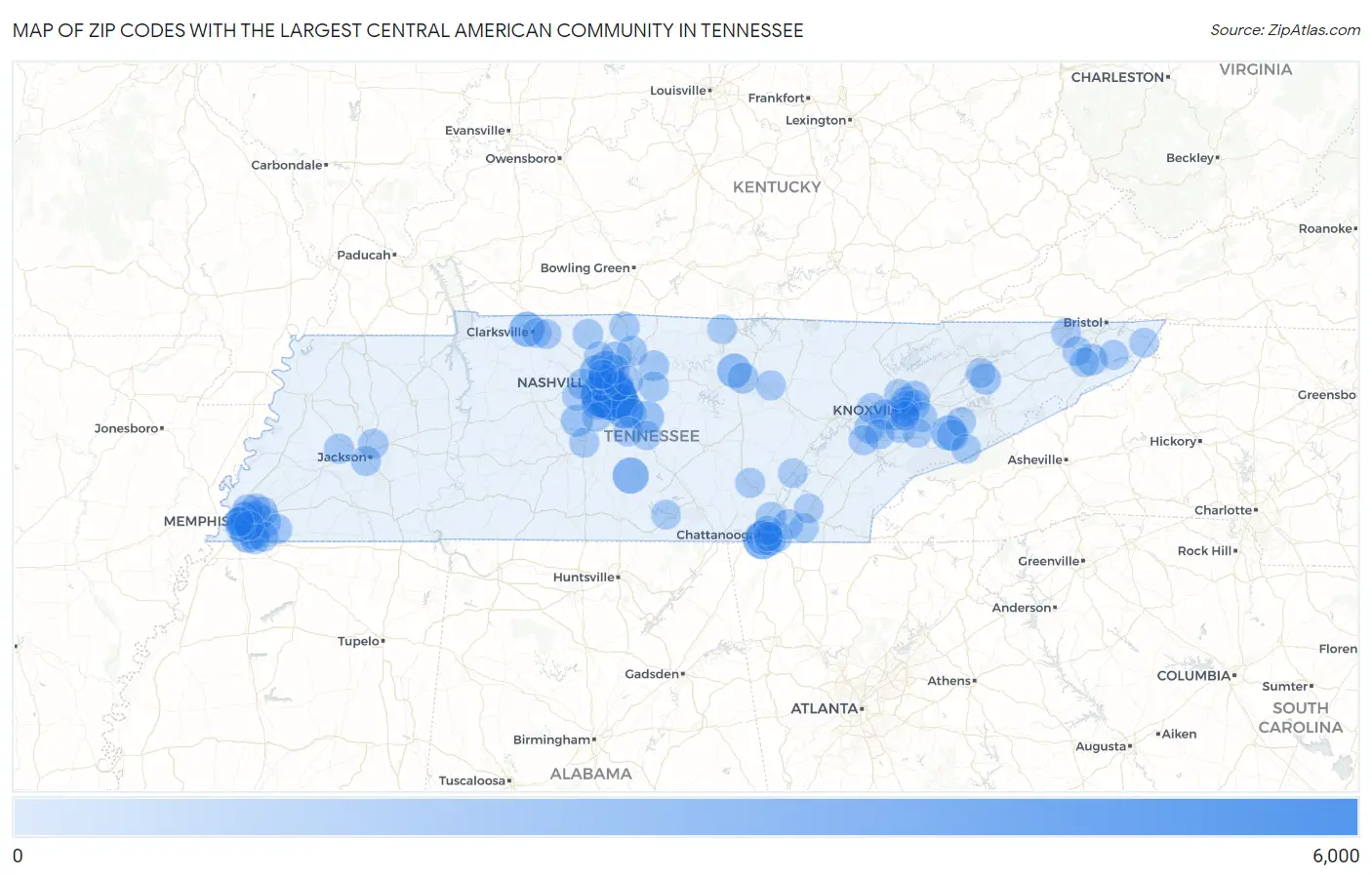Zip Codes with the Largest Central American Community in Tennessee Map