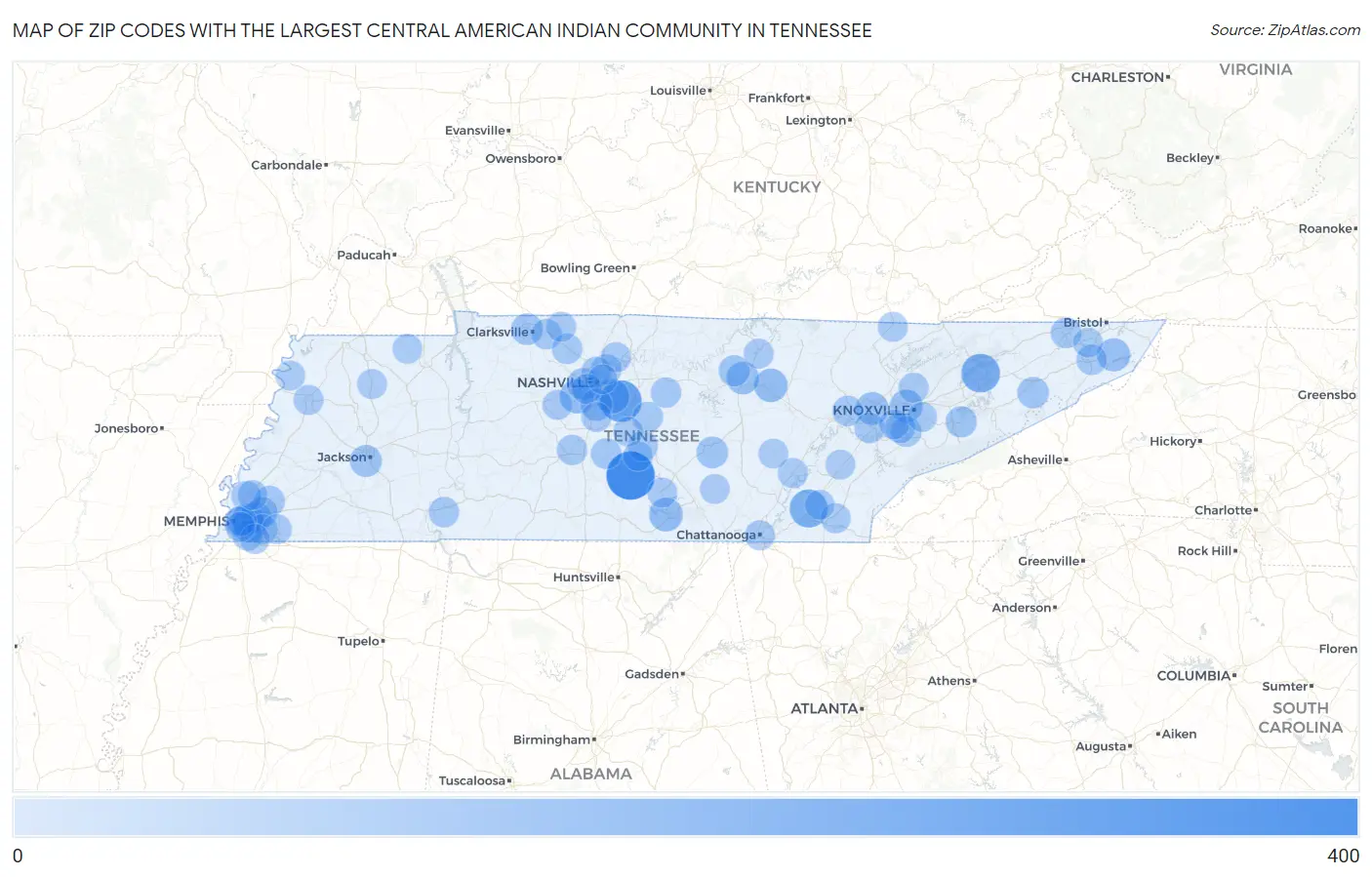 Zip Codes with the Largest Central American Indian Community in Tennessee Map