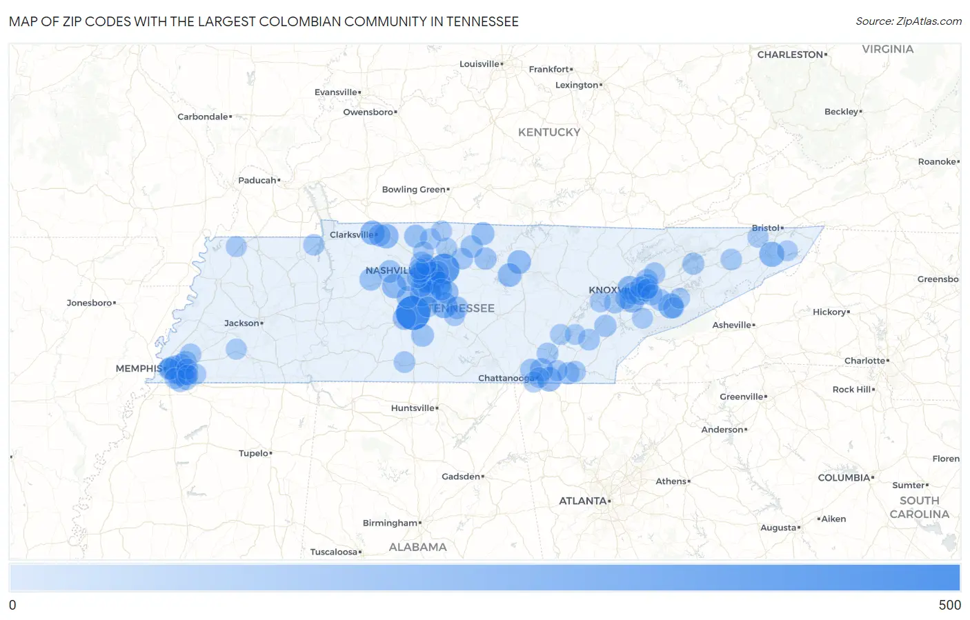 Zip Codes with the Largest Colombian Community in Tennessee Map