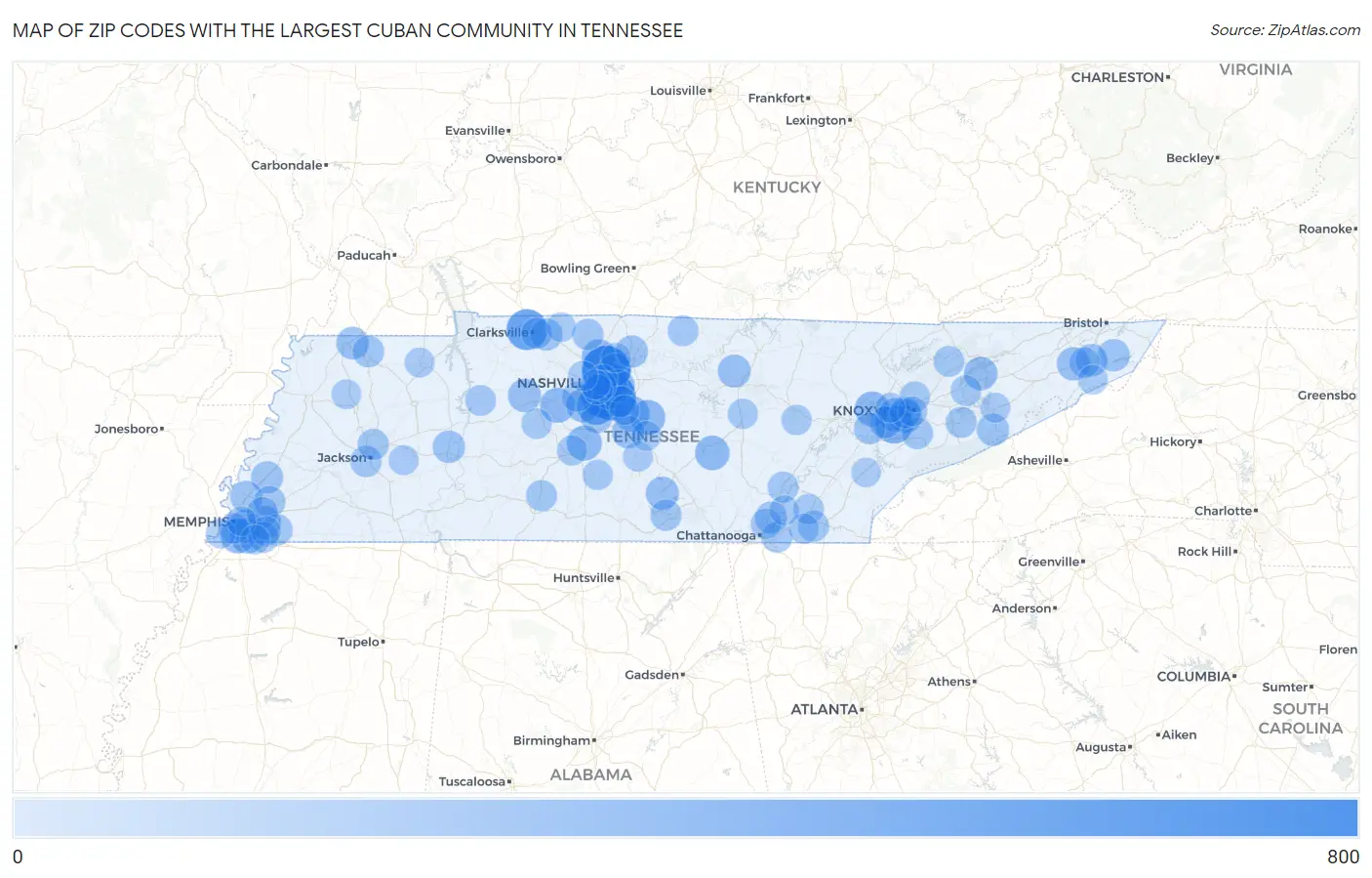 Zip Codes with the Largest Cuban Community in Tennessee Map