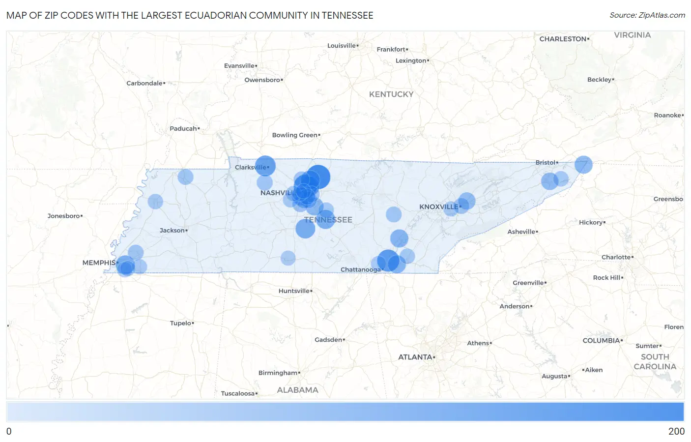 Zip Codes with the Largest Ecuadorian Community in Tennessee Map