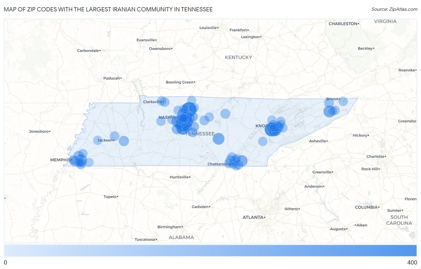 Zip Codes with the Largest Iranian Community in Tennessee Map