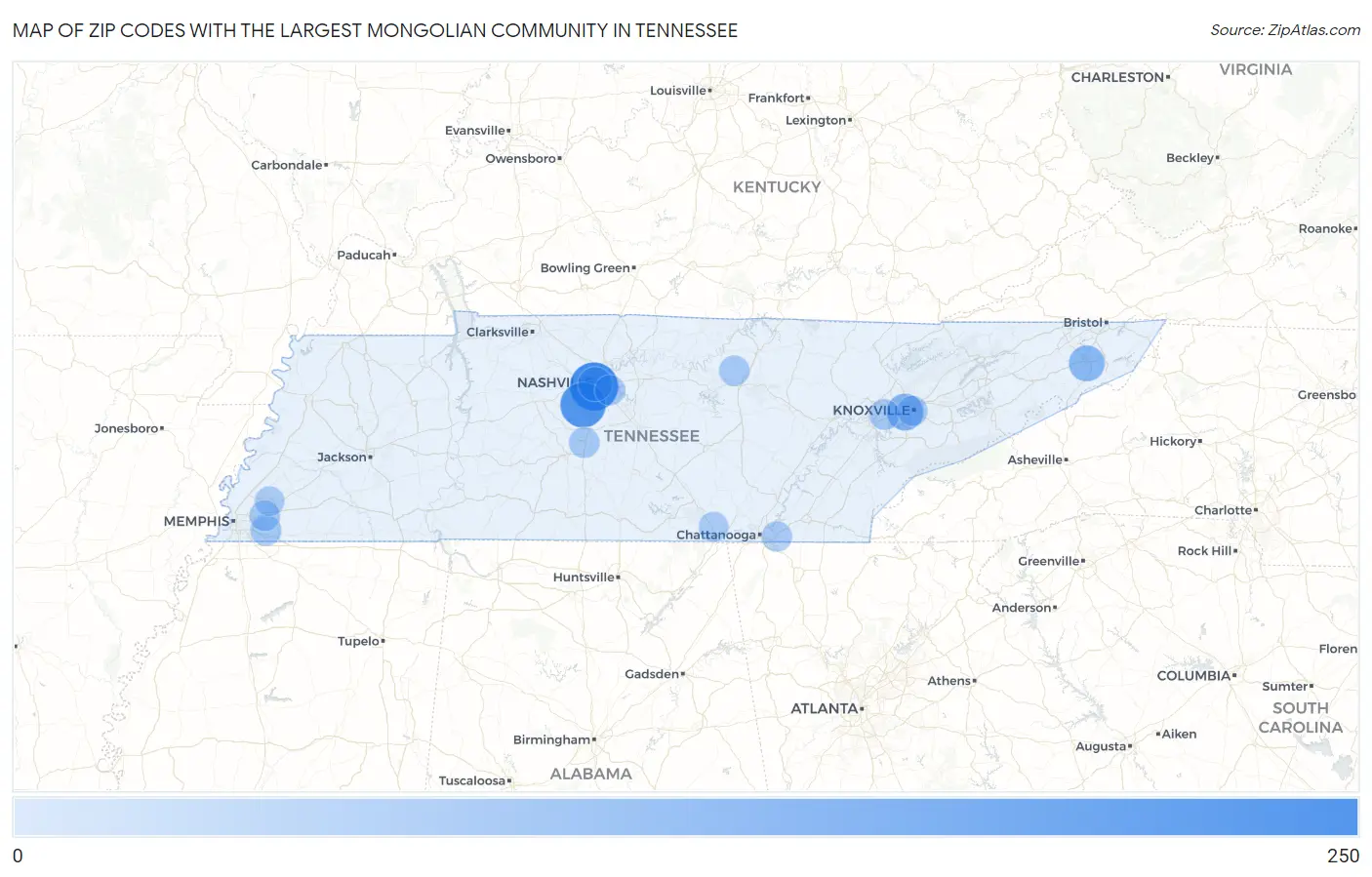 Zip Codes with the Largest Mongolian Community in Tennessee Map