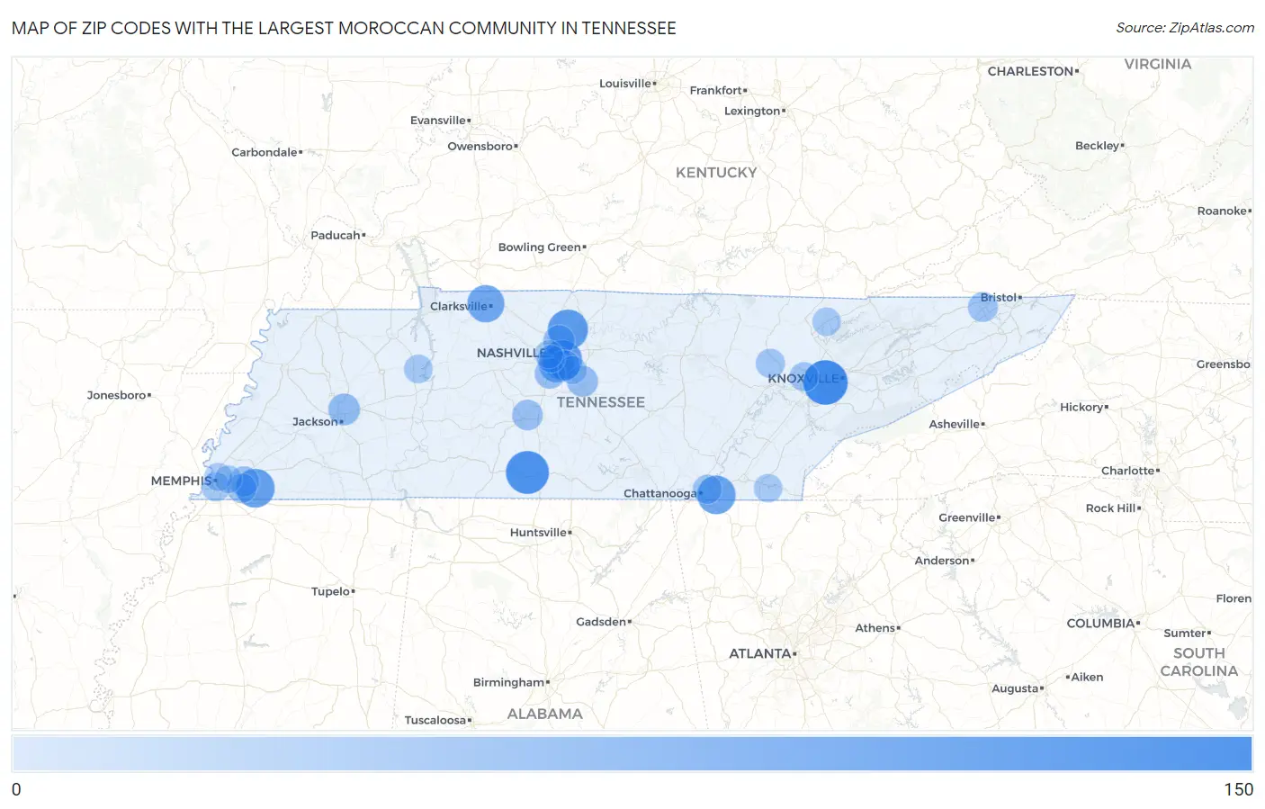 Zip Codes with the Largest Moroccan Community in Tennessee Map