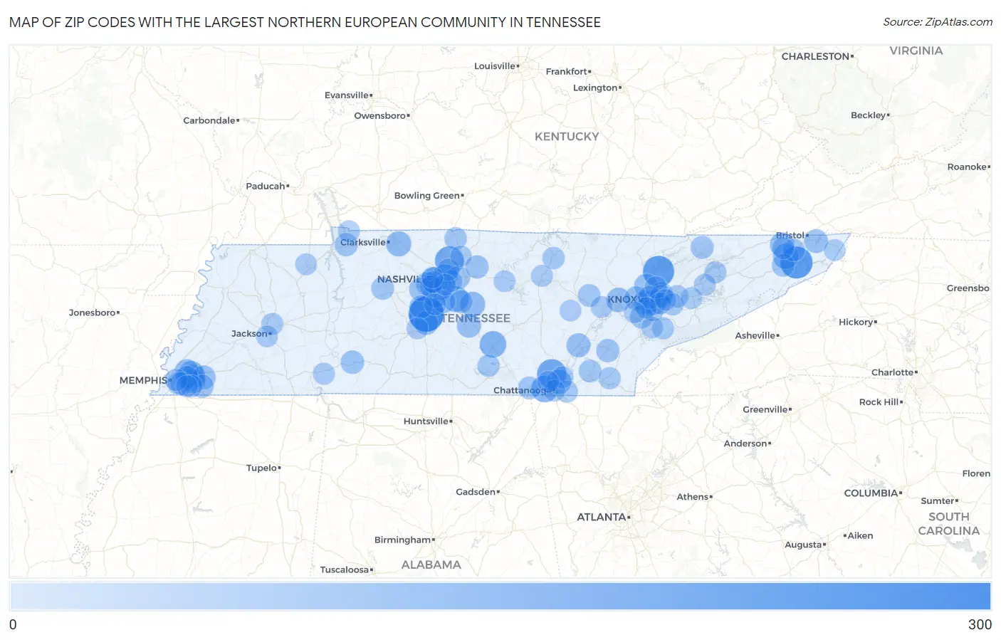 Zip Codes with the Largest Northern European Community in Tennessee Map