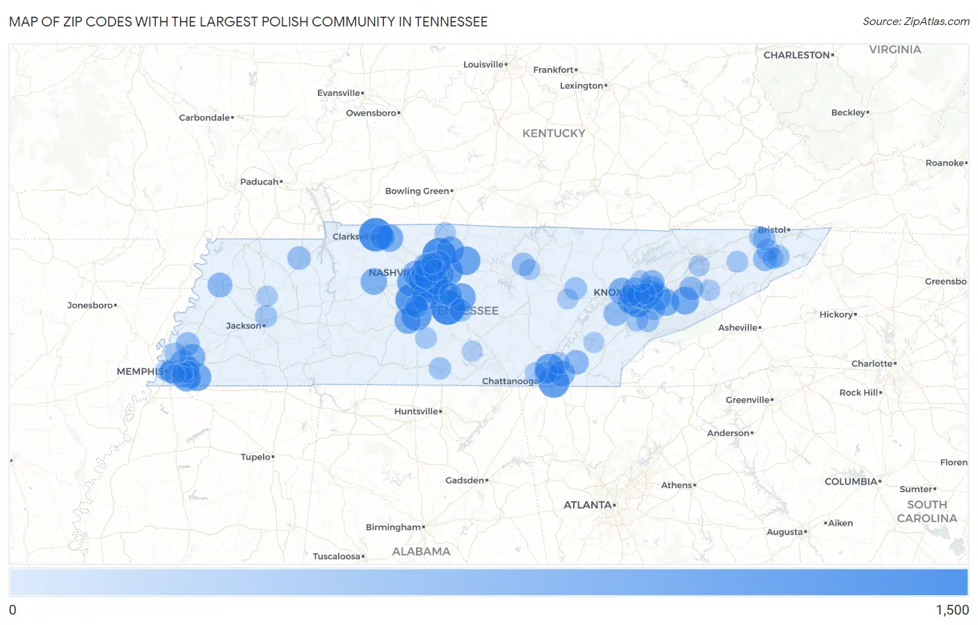 Zip Codes with the Largest Polish Community in Tennessee Map