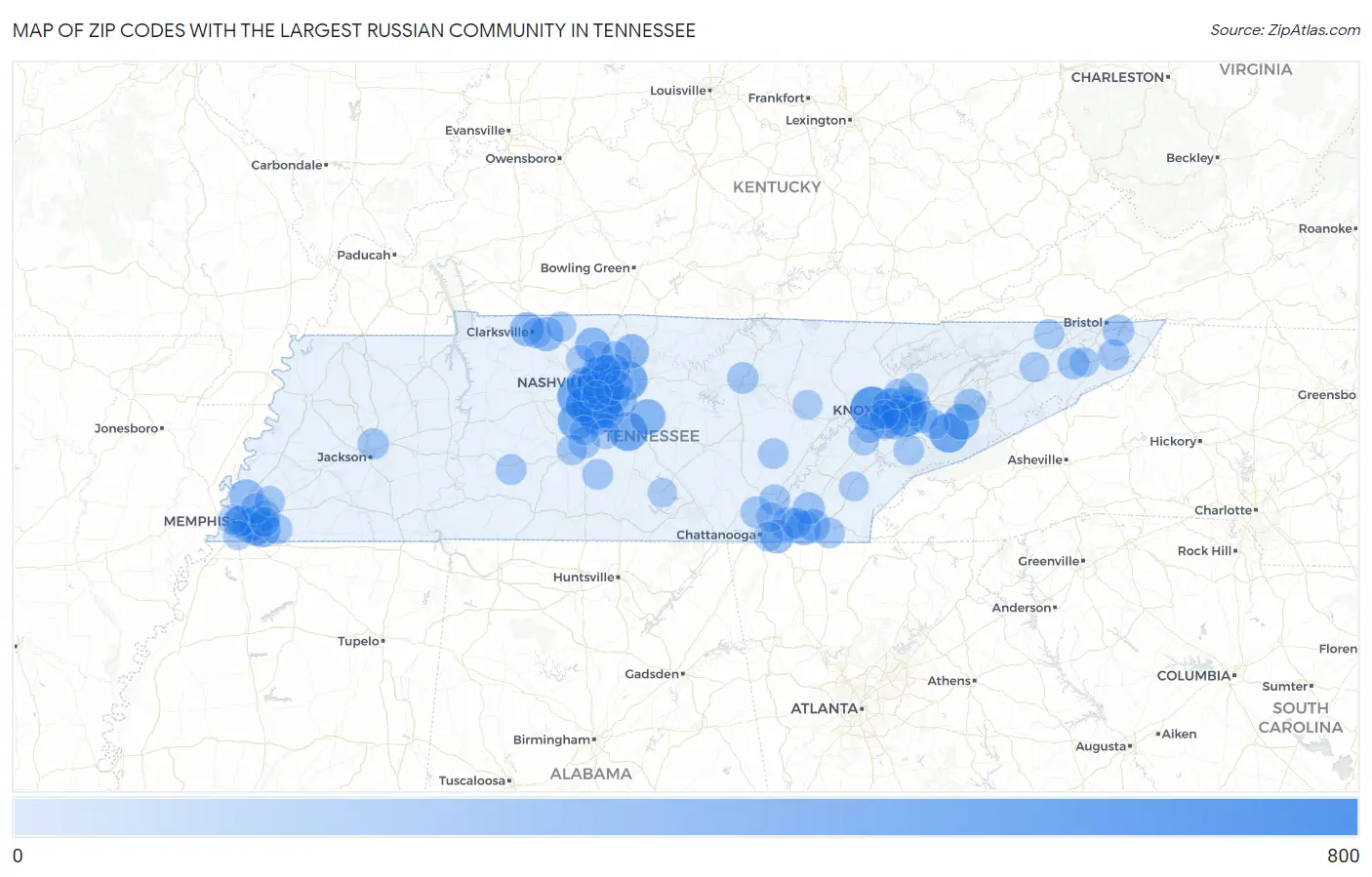 Zip Codes with the Largest Russian Community in Tennessee Map