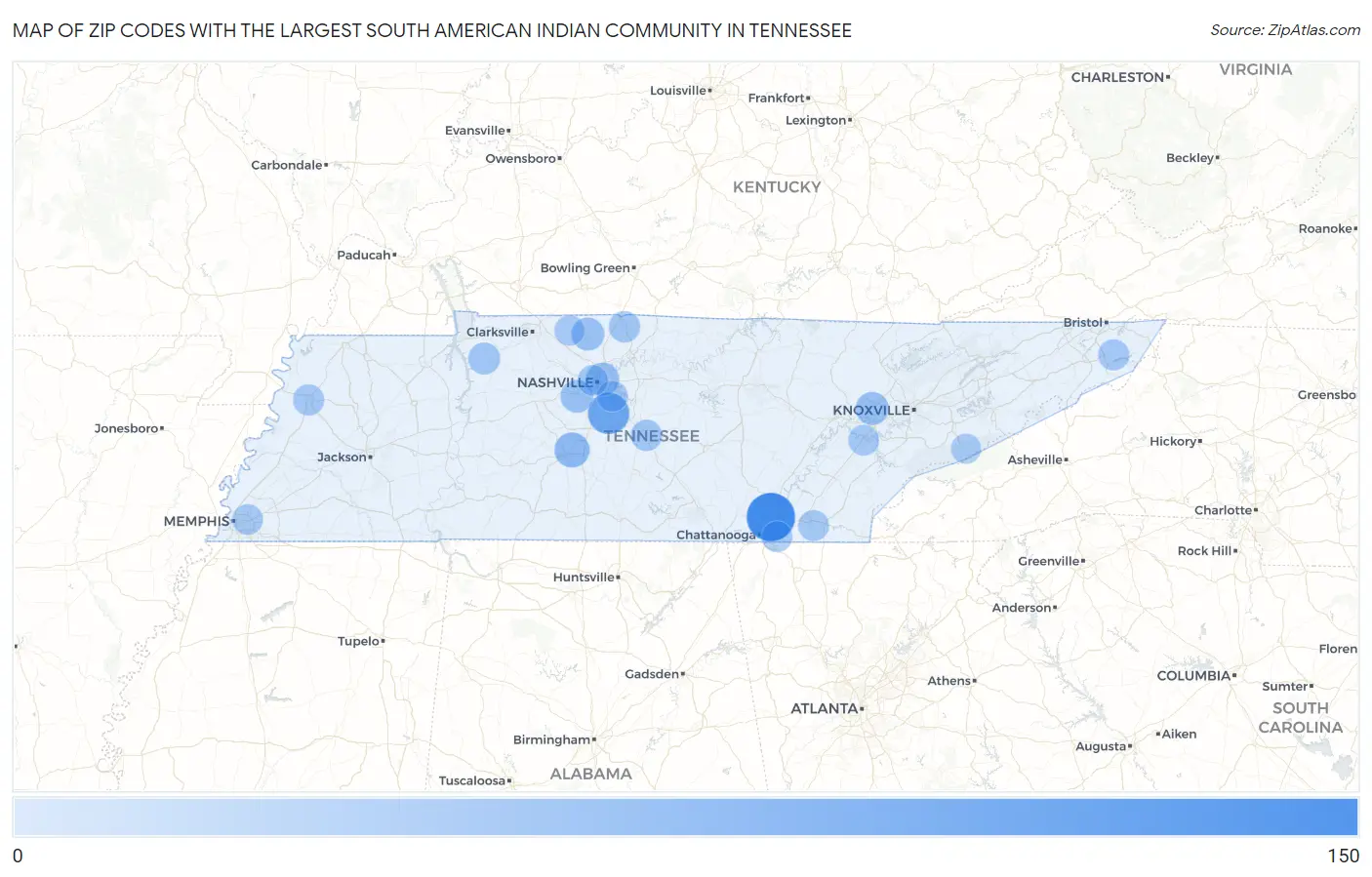 Zip Codes with the Largest South American Indian Community in Tennessee Map