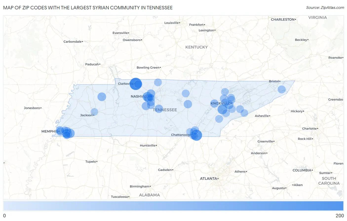 Zip Codes with the Largest Syrian Community in Tennessee Map