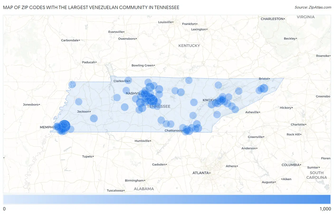 Zip Codes with the Largest Venezuelan Community in Tennessee Map