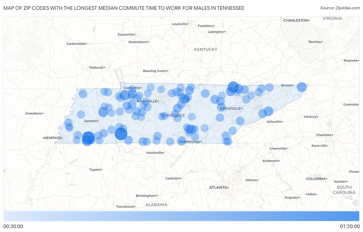 Zip Codes with the Longest Median Commute Time to Work for Males in Tennessee Map