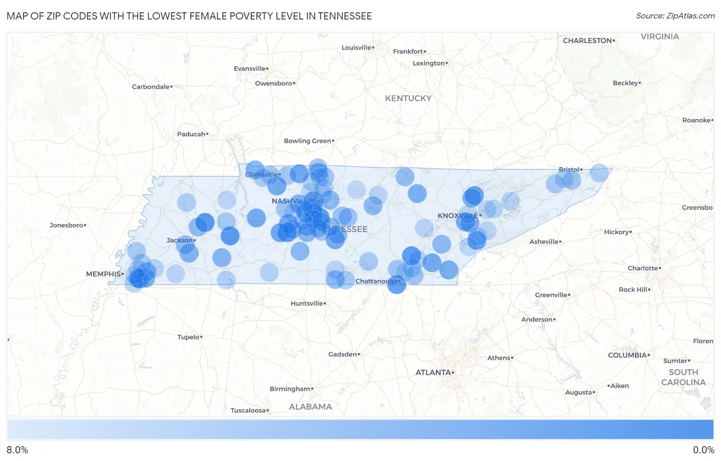Zip Codes with the Lowest Female Poverty Level in Tennessee Map