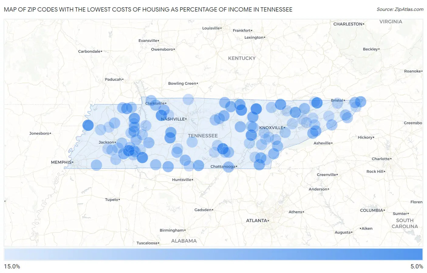 Zip Codes with the Lowest Costs of Housing as Percentage of Income in Tennessee Map