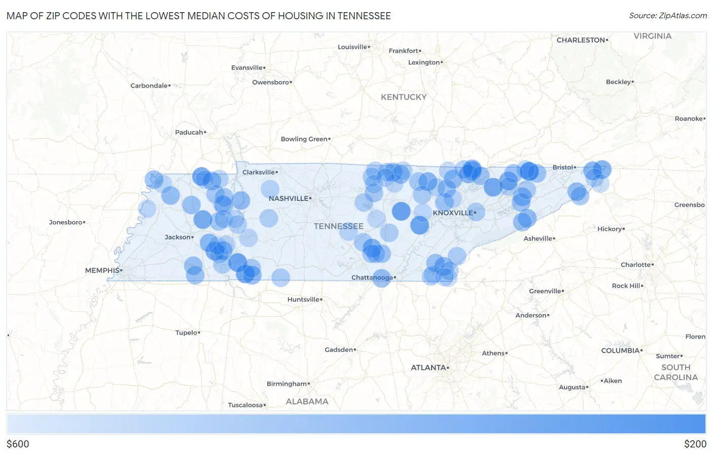 Zip Codes with the Lowest Median Costs of Housing in Tennessee Map