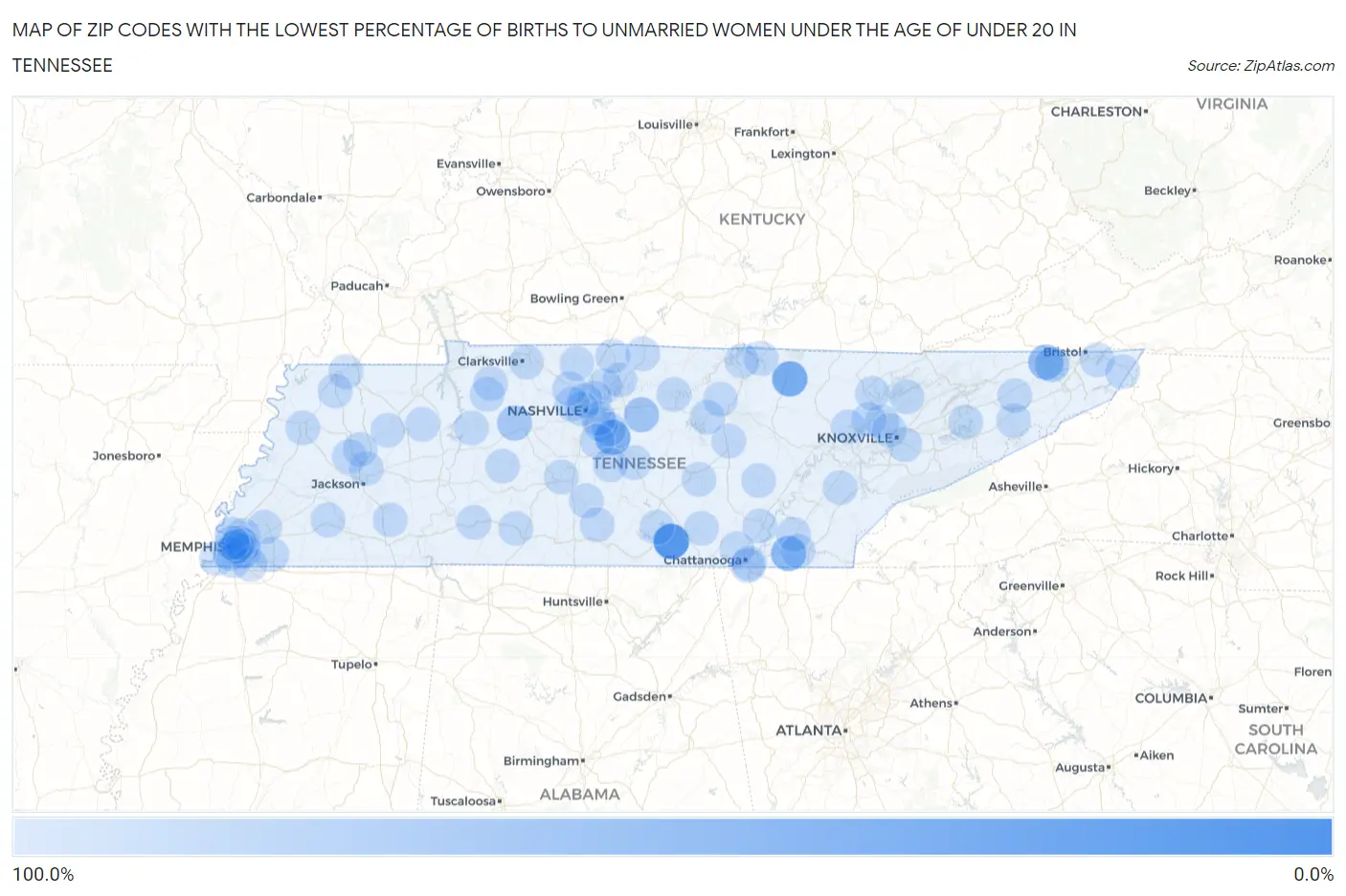 Zip Codes with the Lowest Percentage of Births to Unmarried Women under the Age of under 20 in Tennessee Map