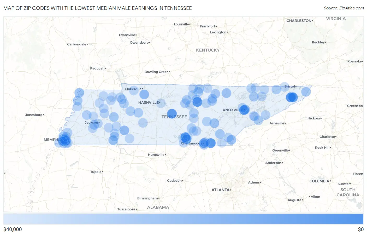 Zip Codes with the Lowest Median Male Earnings in Tennessee Map