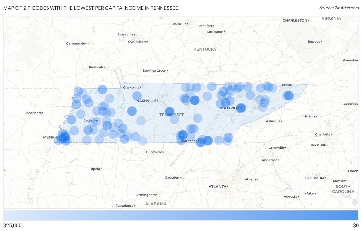 Zip Codes with the Lowest Per Capita Income in Tennessee Map