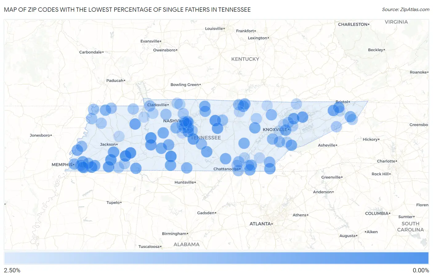 Zip Codes with the Lowest Percentage of Single Fathers in Tennessee Map