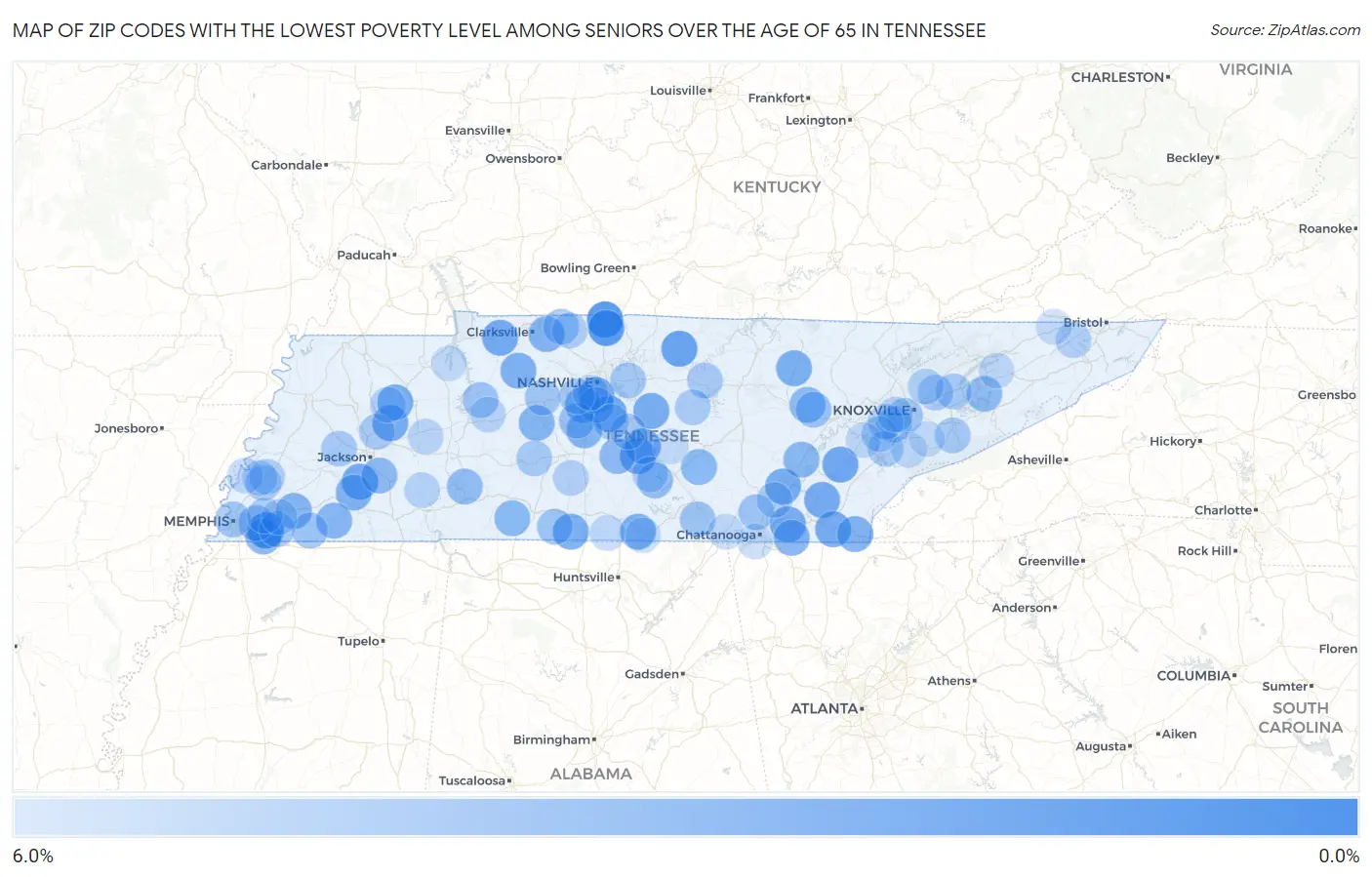 Zip Codes with the Lowest Poverty Level Among Seniors Over the Age of 65 in Tennessee Map