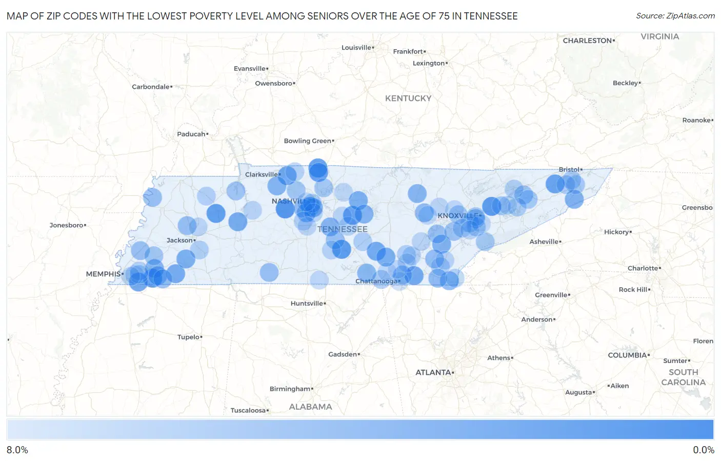 Zip Codes with the Lowest Poverty Level Among Seniors Over the Age of 75 in Tennessee Map