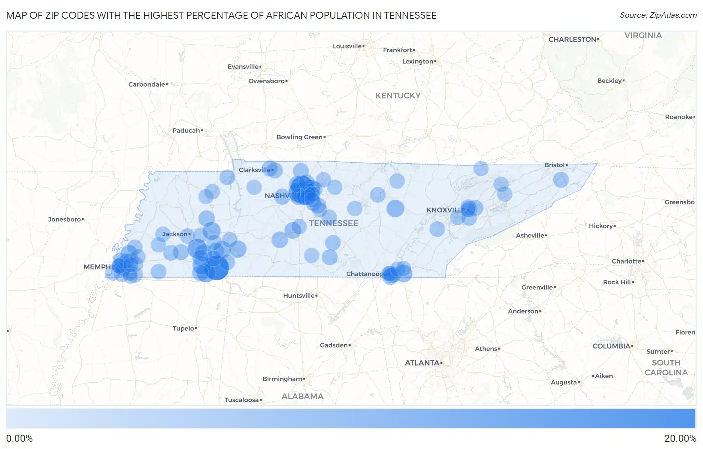 Zip Codes with the Highest Percentage of African Population in Tennessee Map