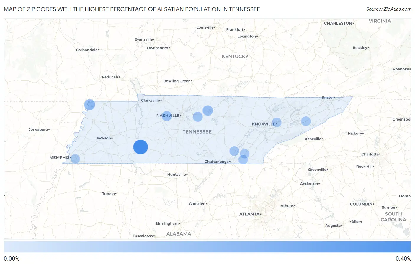 Zip Codes with the Highest Percentage of Alsatian Population in Tennessee Map