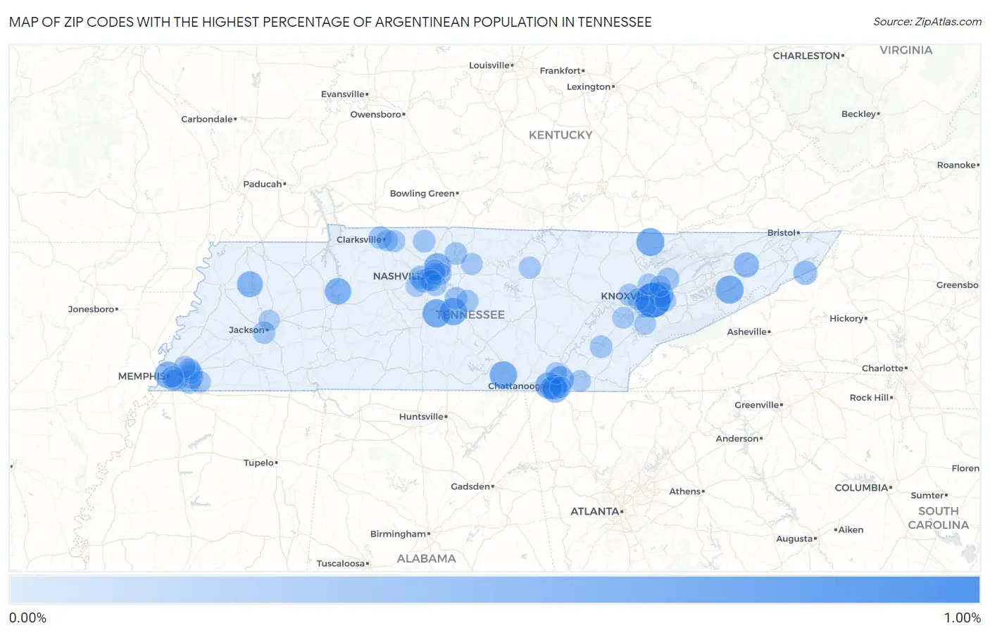 Zip Codes with the Highest Percentage of Argentinean Population in Tennessee Map