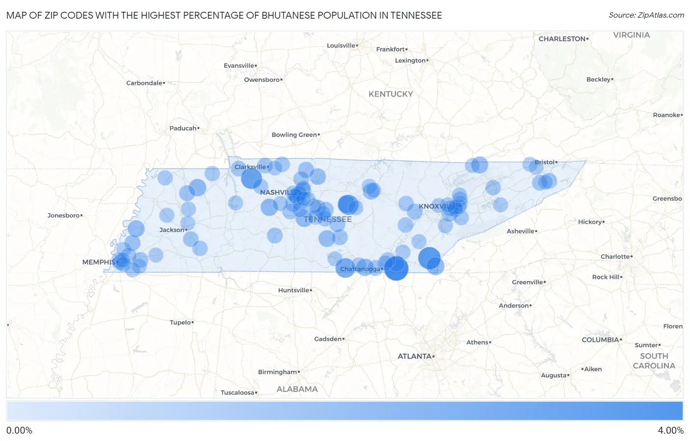 Zip Codes with the Highest Percentage of Bhutanese Population in Tennessee Map