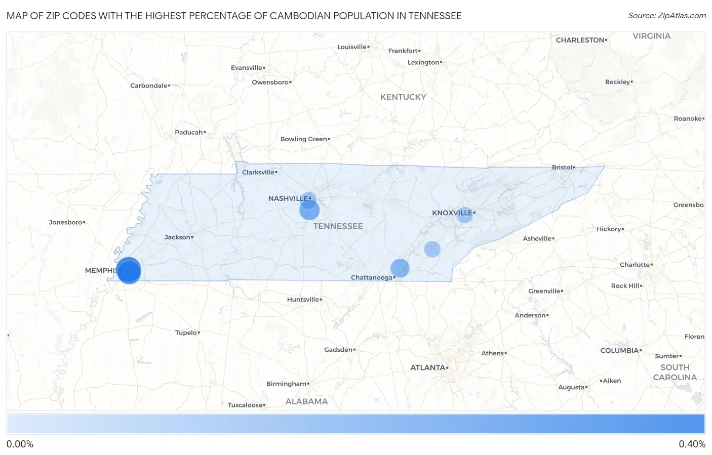 Zip Codes with the Highest Percentage of Cambodian Population in Tennessee Map