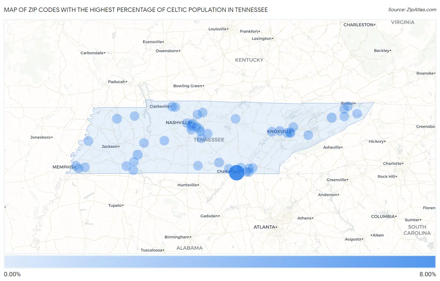 Zip Codes with the Highest Percentage of Celtic Population in Tennessee Map