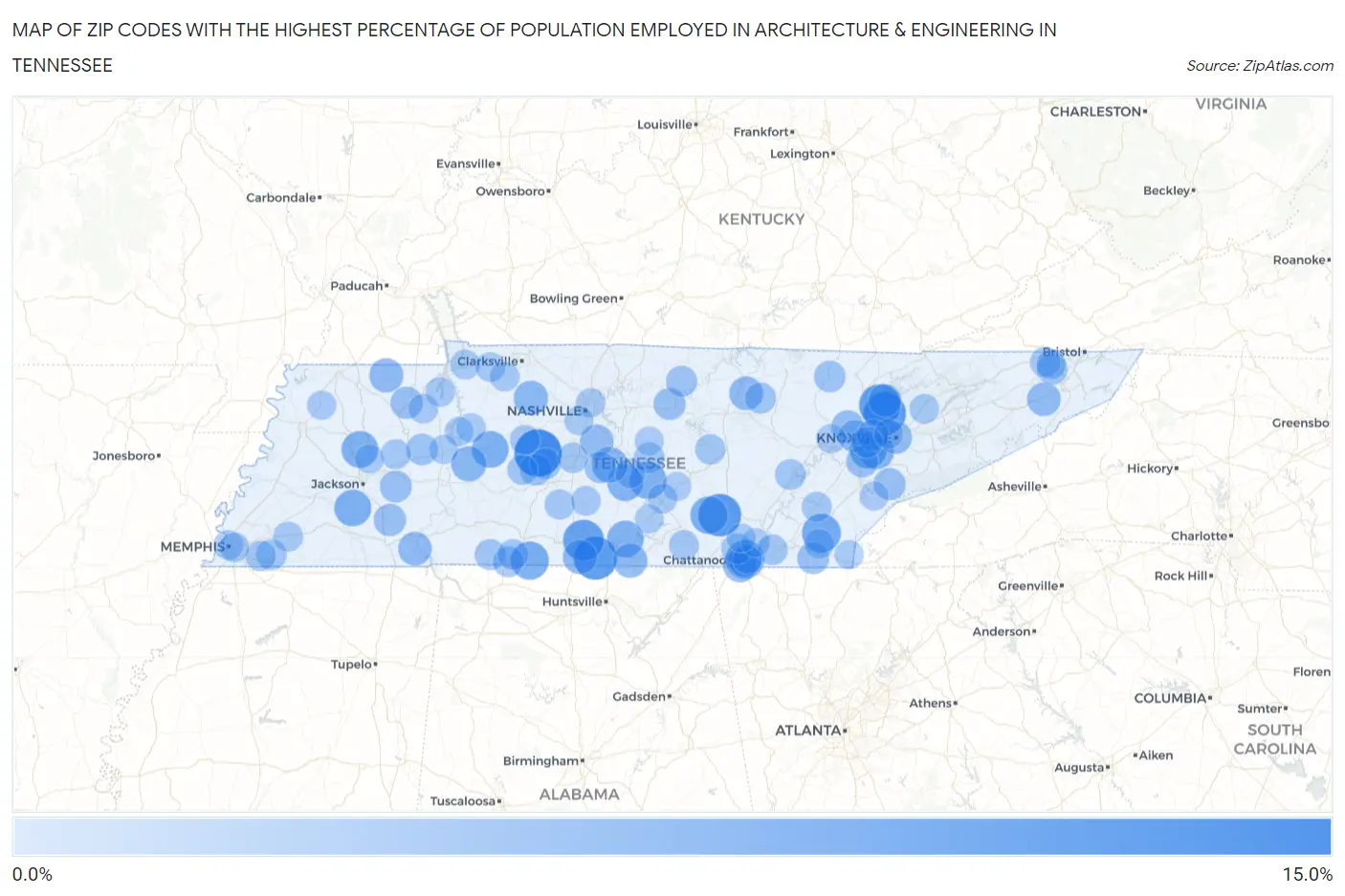 Zip Codes with the Highest Percentage of Population Employed in Architecture & Engineering in Tennessee Map