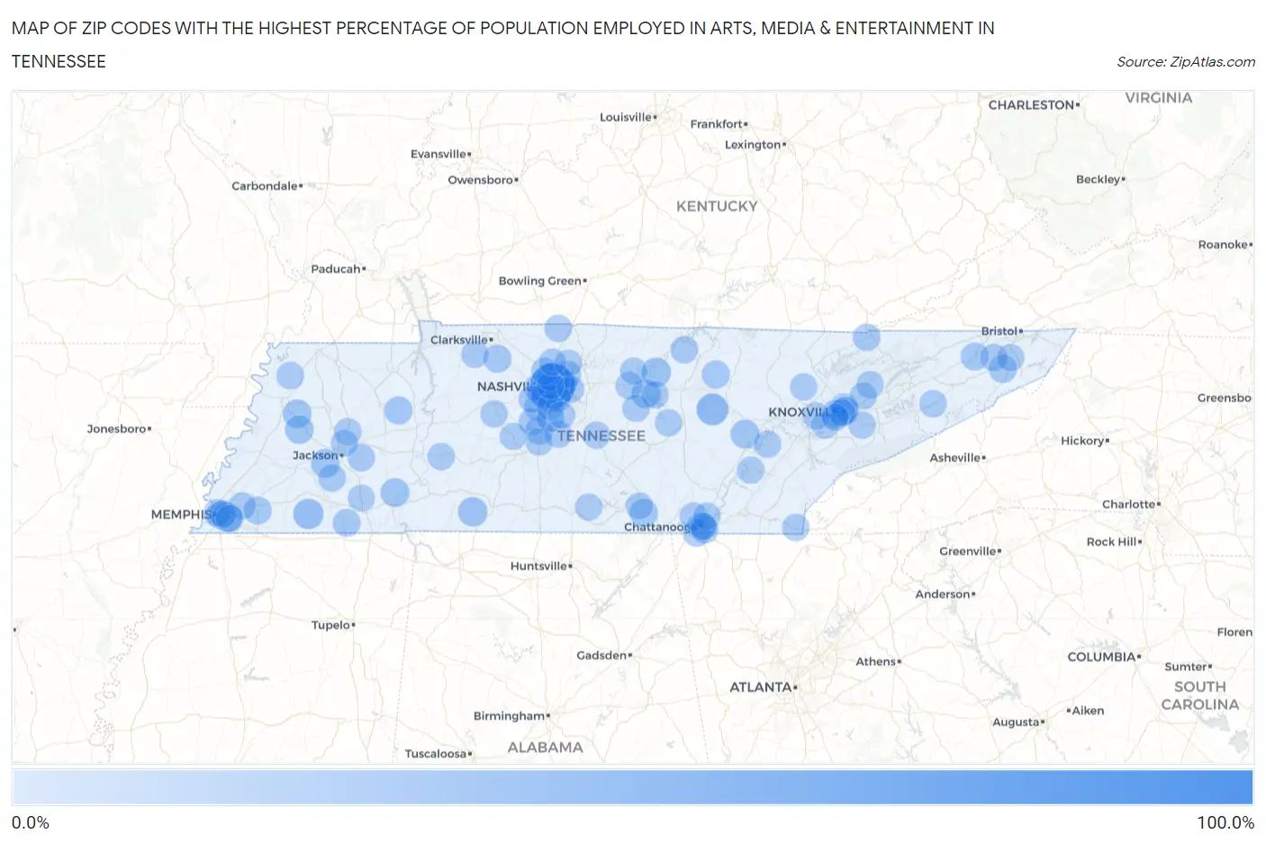 Zip Codes with the Highest Percentage of Population Employed in Arts, Media & Entertainment in Tennessee Map