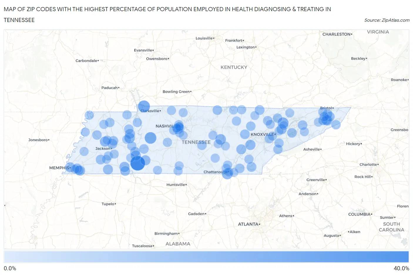 Zip Codes with the Highest Percentage of Population Employed in Health Diagnosing & Treating in Tennessee Map