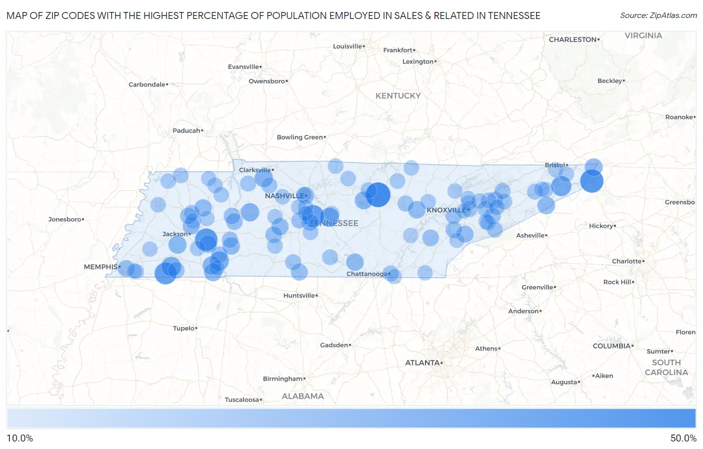 Zip Codes with the Highest Percentage of Population Employed in Sales & Related in Tennessee Map