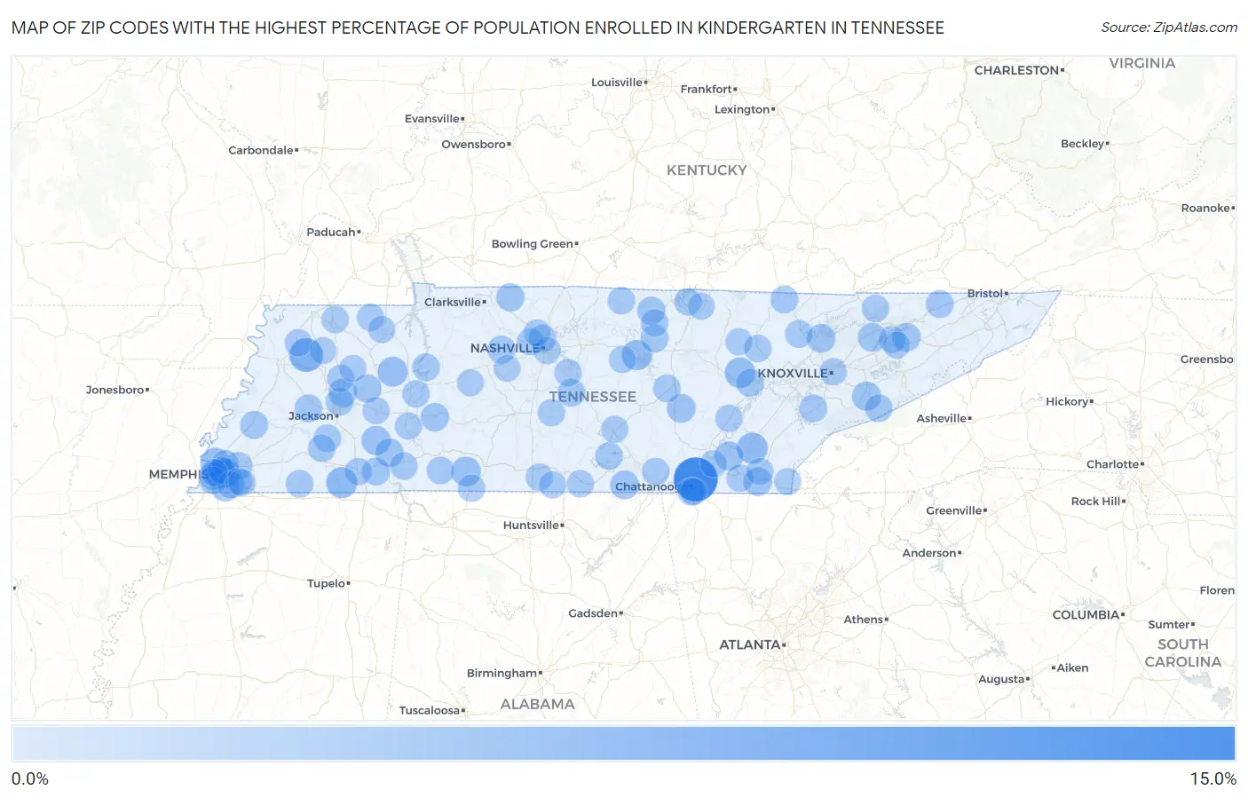 Zip Codes with the Highest Percentage of Population Enrolled in Kindergarten in Tennessee Map