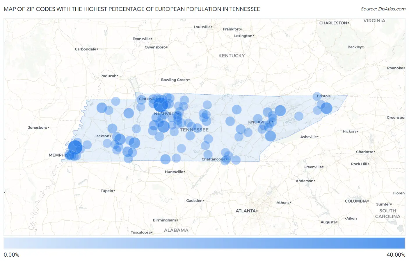 Zip Codes with the Highest Percentage of European Population in Tennessee Map