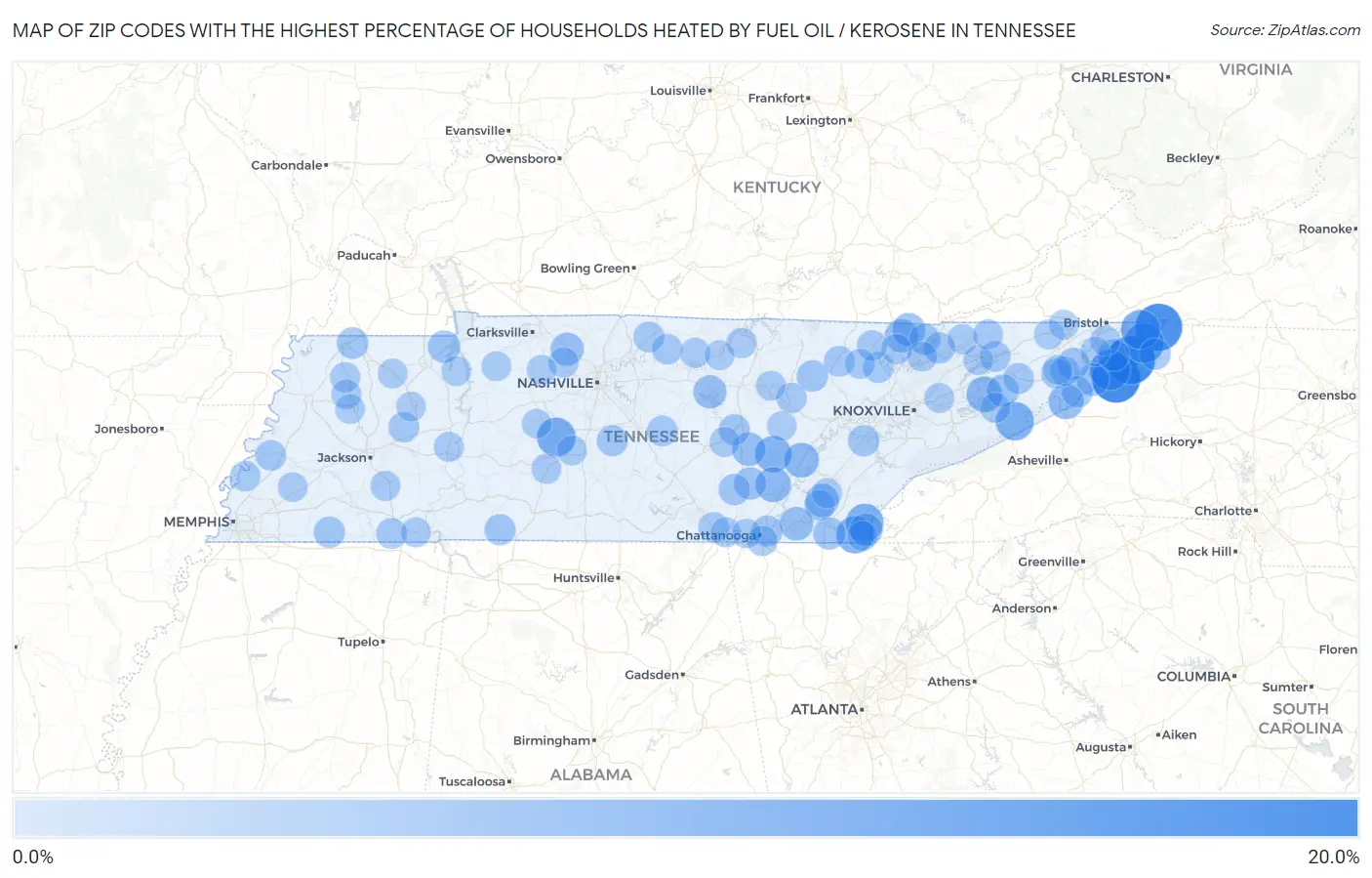 Zip Codes with the Highest Percentage of Households Heated by Fuel Oil / Kerosene in Tennessee Map
